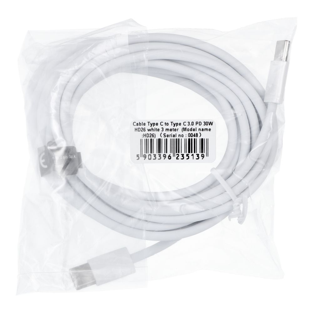 Cable Type C to Type C PD QC3.0 3A 30W HD26 3 m white
