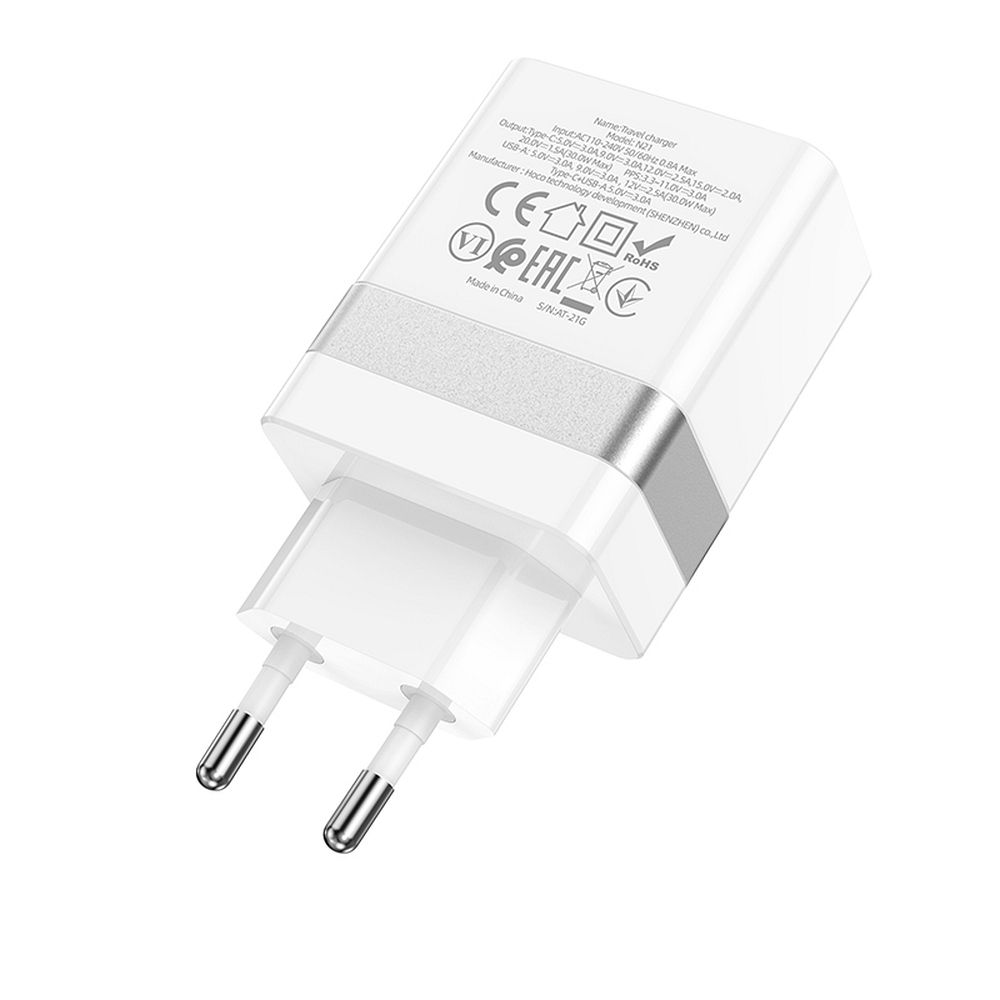HOCO travel charger USB A + Typ C PD QC3.0 3A 30W N21 white