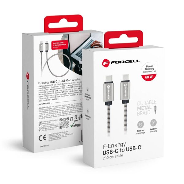 FORCELL F-ENERGY Metal C237 cable Type C to Type C PD QC4.0 3A 60W 2 m silver