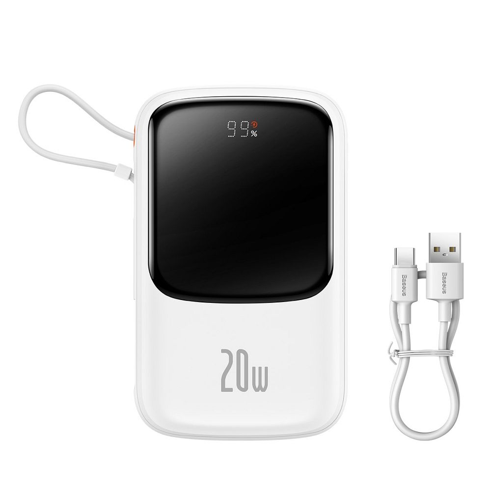 BASEUS powerbank 10 000 mAh with built-in cable Lightning + cable USB A to Type C PD QC3.0 3A 20W PPQD020002 white