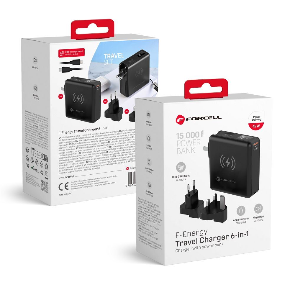 FORCELL F-ENERGY multifunctional charger 45W 6in1 with USB A and USB C sockets, power bank 15000mAh and wireless charging 15W