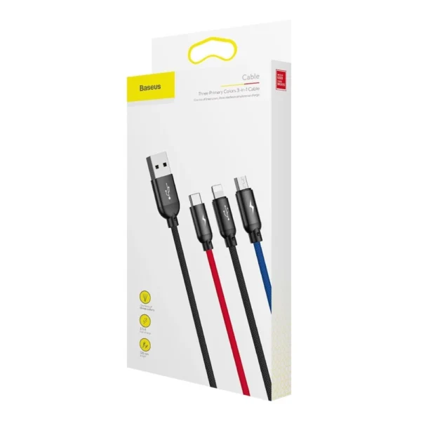 Baseus Three Primary Colors 3in1 USB-A - micro USB / Lightning / USB-C 3.5A cable 1.2 m - blackeng