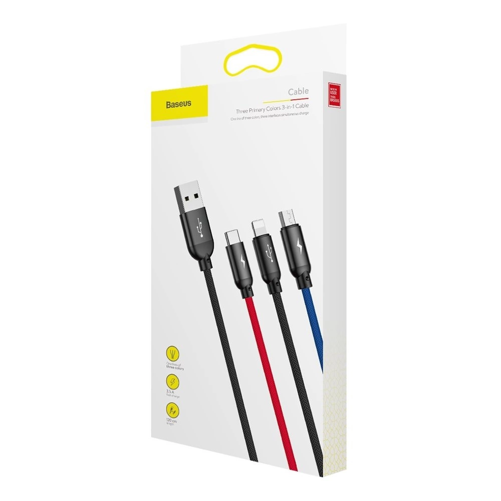 Baseus Three Primary Colors 3in1 USB-A - micro USB / Lightning / USB-C 3.5A cable 1.2 m - blackeng