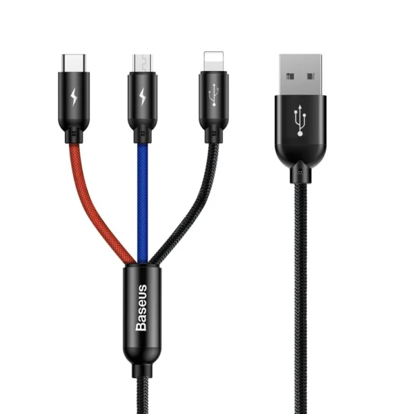 Baseus Three Primary Colors 3in1 USB-A - micro USB / Lightning / USB-C 3.5A cable 1.2 m - blackeng