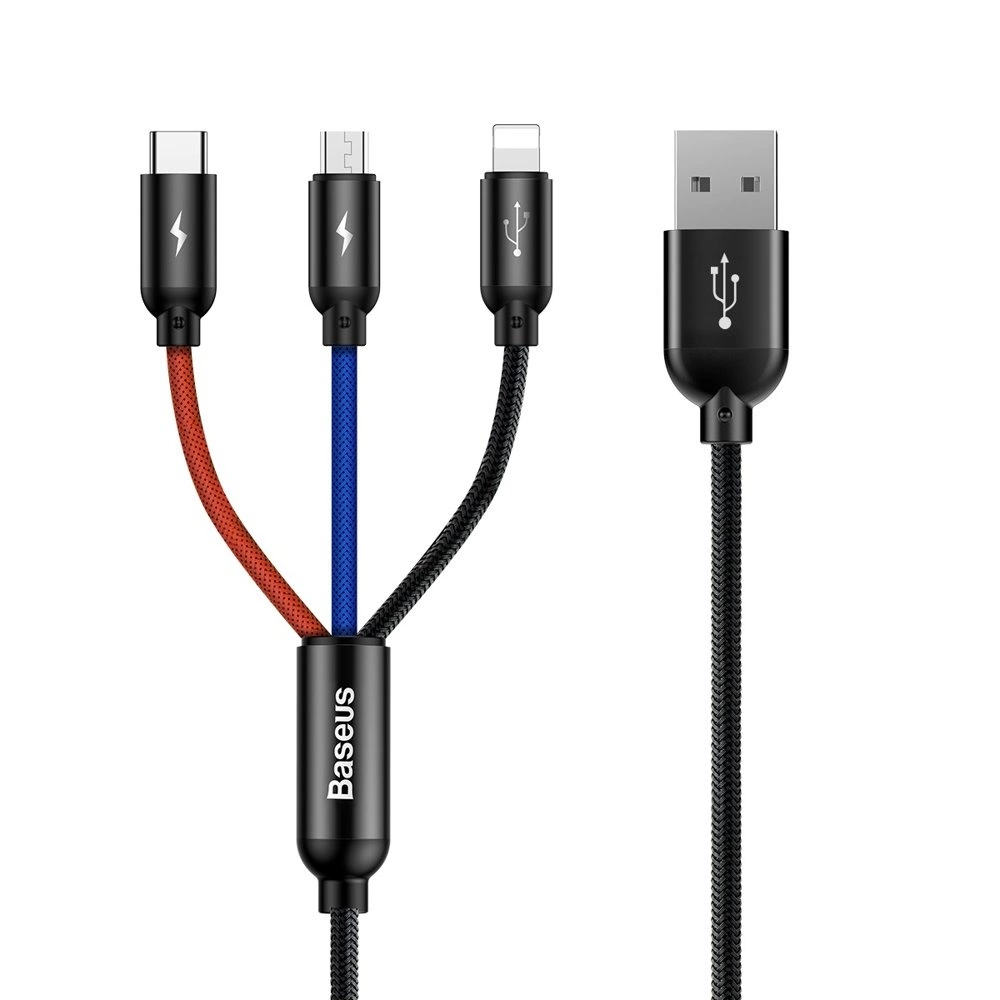 Baseus Three Primary Colors 3in1 USB-A - micro USB / Lightning / USB-C 3.5A cable 1.2 m - blackeng