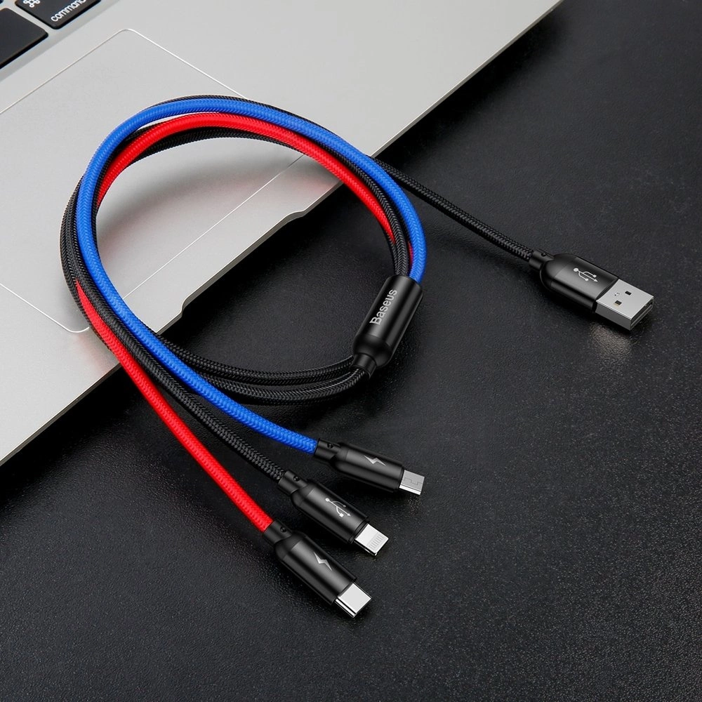 Baseus Three Primary Colors 3in1 USB-A - micro USB / Lightning / USB-C 3.5A cable 1.2 m - blackeng