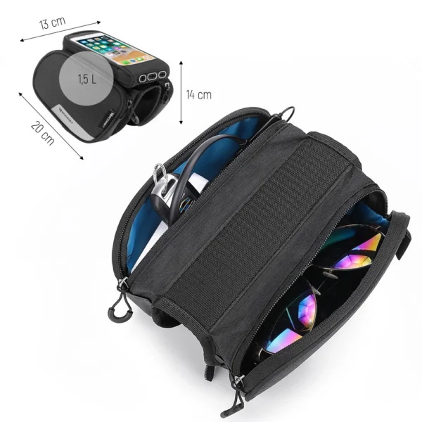 Wozinsky frame bike bag + detachable phone cover up to 6.5 "1.5l black (WBB7BK)eng