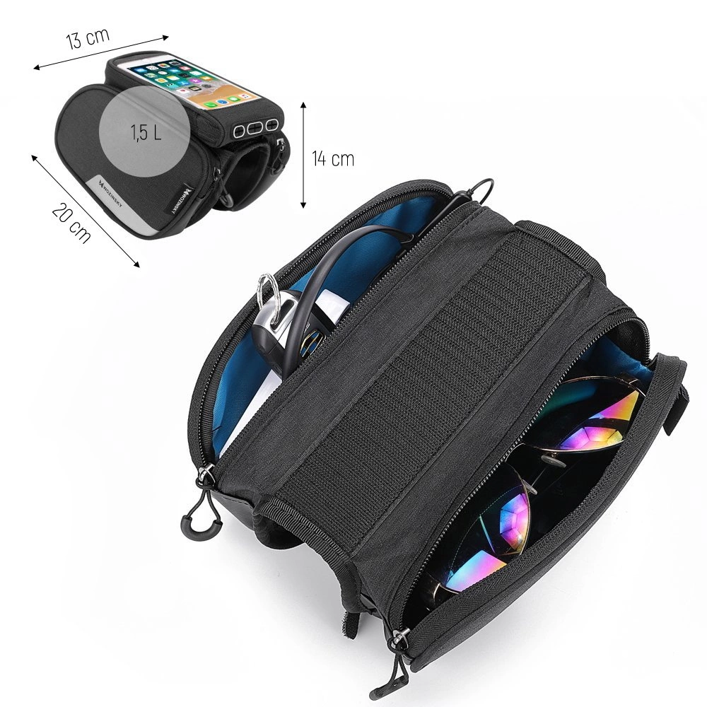 Wozinsky frame bike bag + detachable phone cover up to 6.5 "1.5l black (WBB7BK)eng