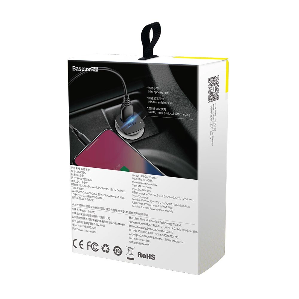 Baseus Square PPS smart car charger with USB Quick Charge 4.0 QC 4.0 and USB-C PD 3.0 SCP ports black (CCALL-AS01)eng