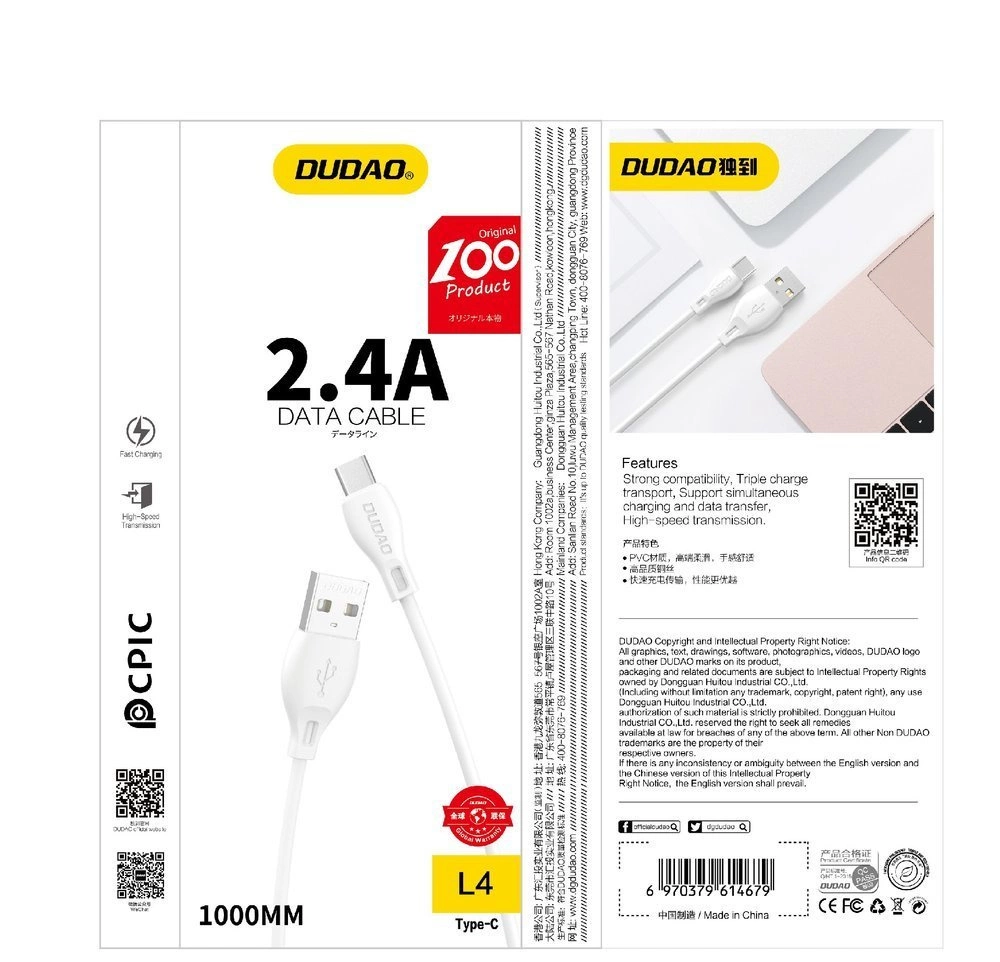 Dudao cable USB / Lightning cable 2.4A 1m white (L4L 1m white)eng