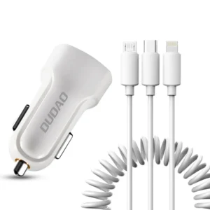 Dudao car kit charger 2x USB 2.4A + cable USB 3in1 Lightning / Type C / micro USB cable white (R7 white)eng