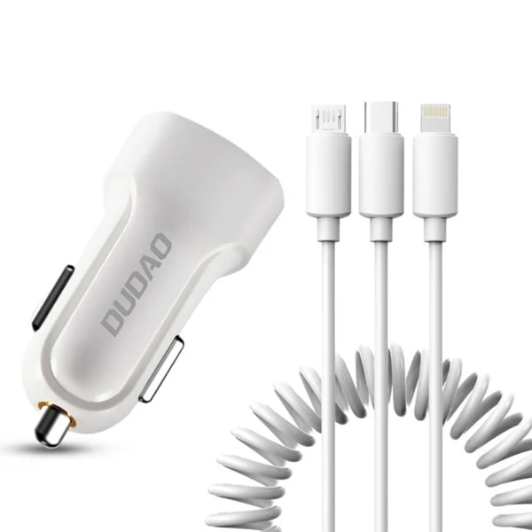 Dudao car kit charger 2x USB 2.4A + cable USB 3in1 Lightning / Type C / micro USB cable white (R7 white)eng