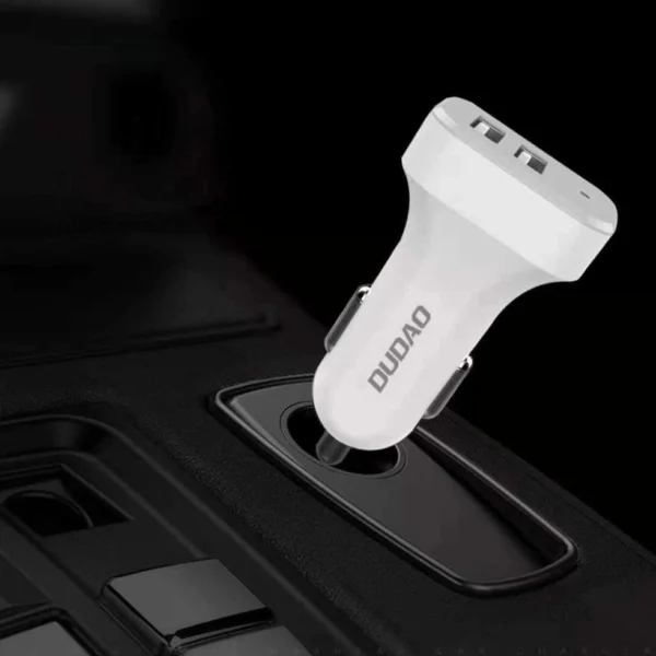 Dudao car kit charger 2x USB 2.4A + cable USB 3in1 Lightning / Type C / micro USB cable white (R7 white)eng
