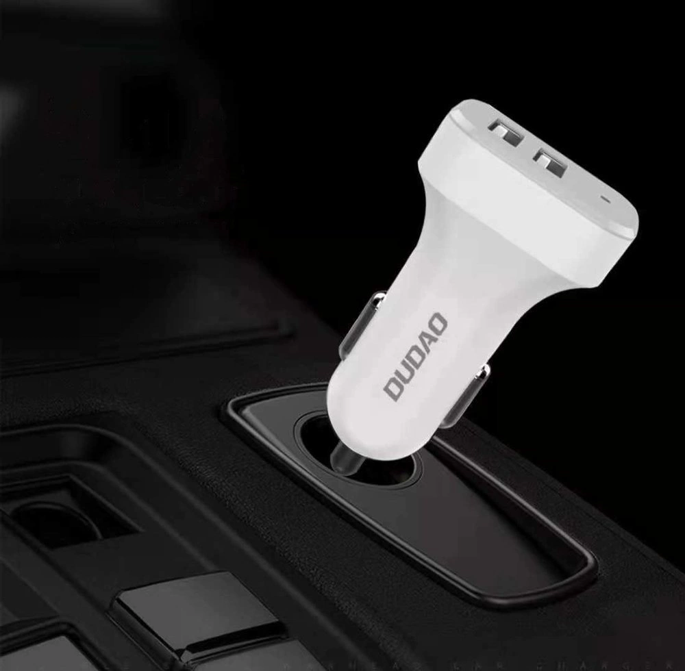 Dudao car kit charger 2x USB 2.4A + cable USB 3in1 Lightning / Type C / micro USB cable white (R7 white)eng