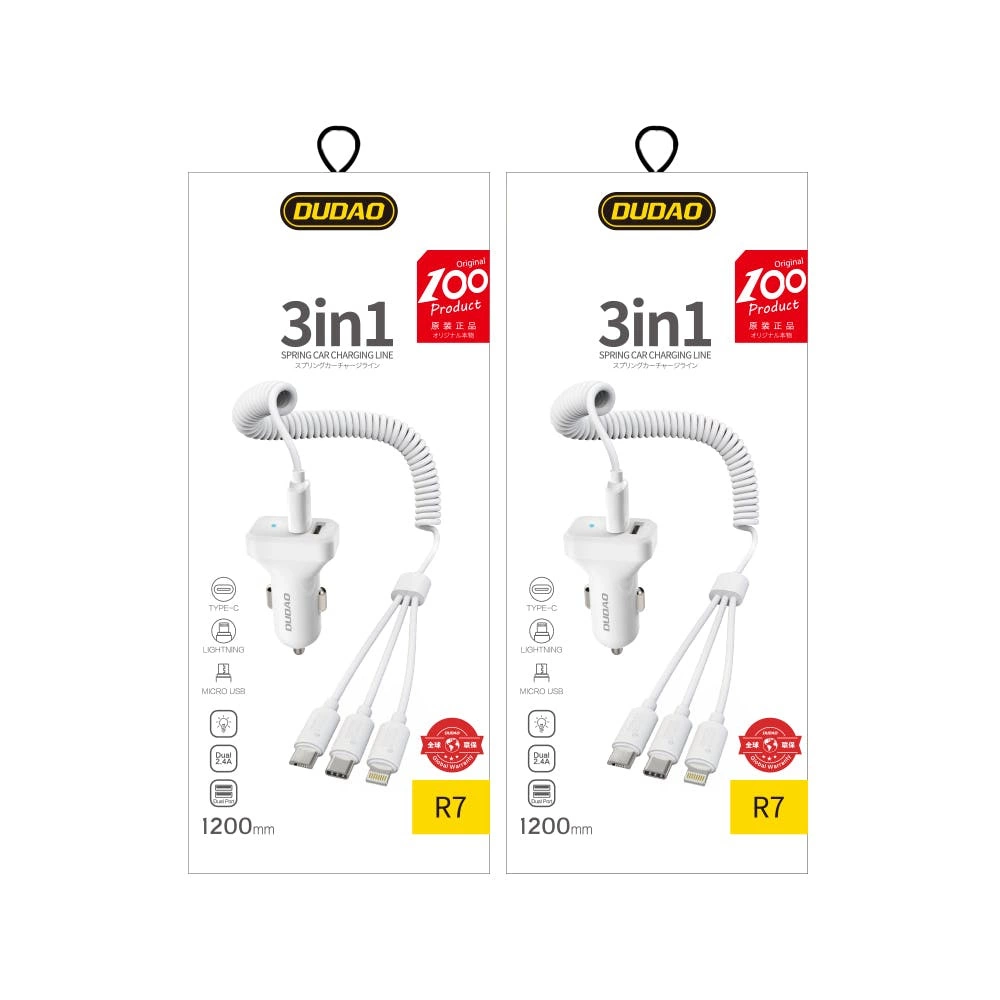 Dudao car kit charger 2x USB 2.4A + cable USB 3in1 Lightning / Type C / micro USB cable white (R7 white)eng