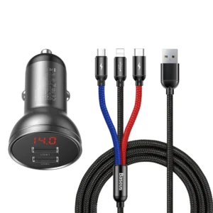 Baseus 2x USB 4.8A 24W car charger with LCD + 3in1 cable USB - USB Type C / micro USB / Lightning 1.2m black (TZCCBX-0G)eng
