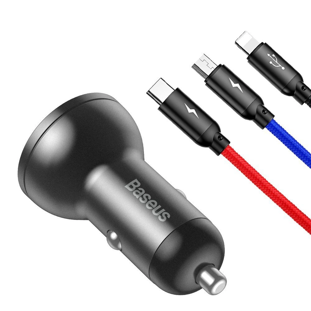 Baseus 2x USB 4.8A 24W car charger with LCD + 3in1 cable USB - USB Type C / micro USB / Lightning 1.2m black (TZCCBX-0G)eng