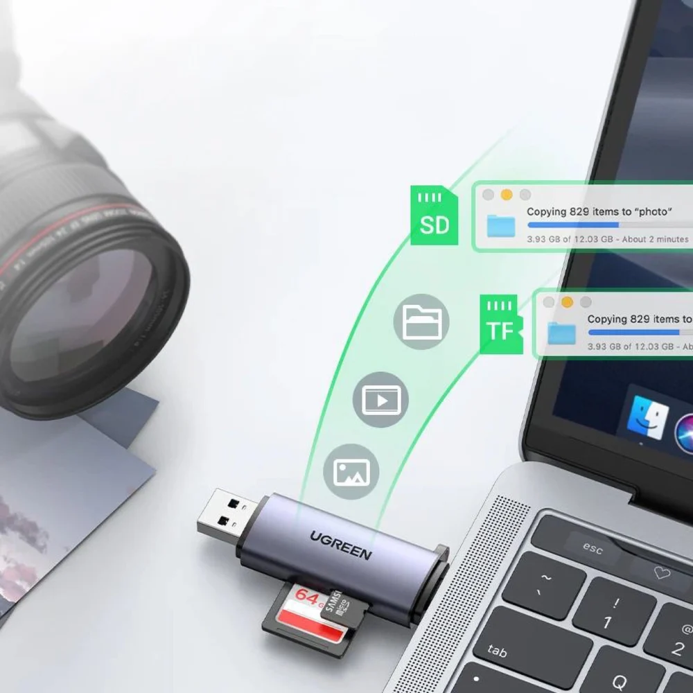 Ugreen CM185 50706 reader for SD / micro SD cards on USB-A 3.0 / USB-C 3.0 - grayeng