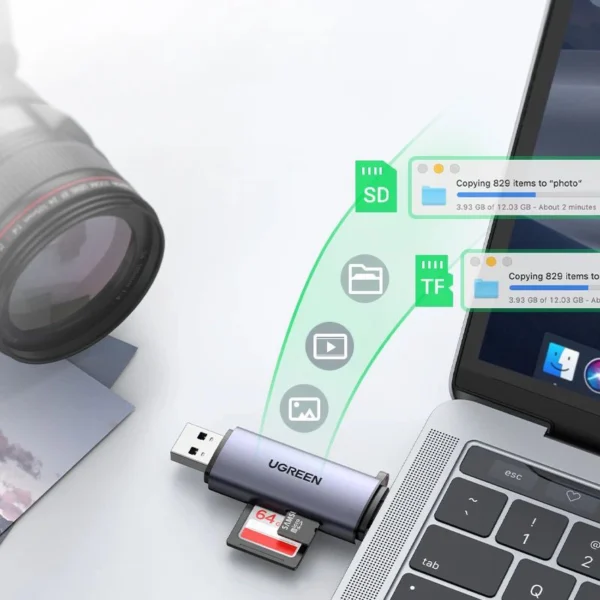 Ugreen CM185 50706 reader for SD / micro SD cards on USB-A 3.0 / USB-C 3.0 - grayeng