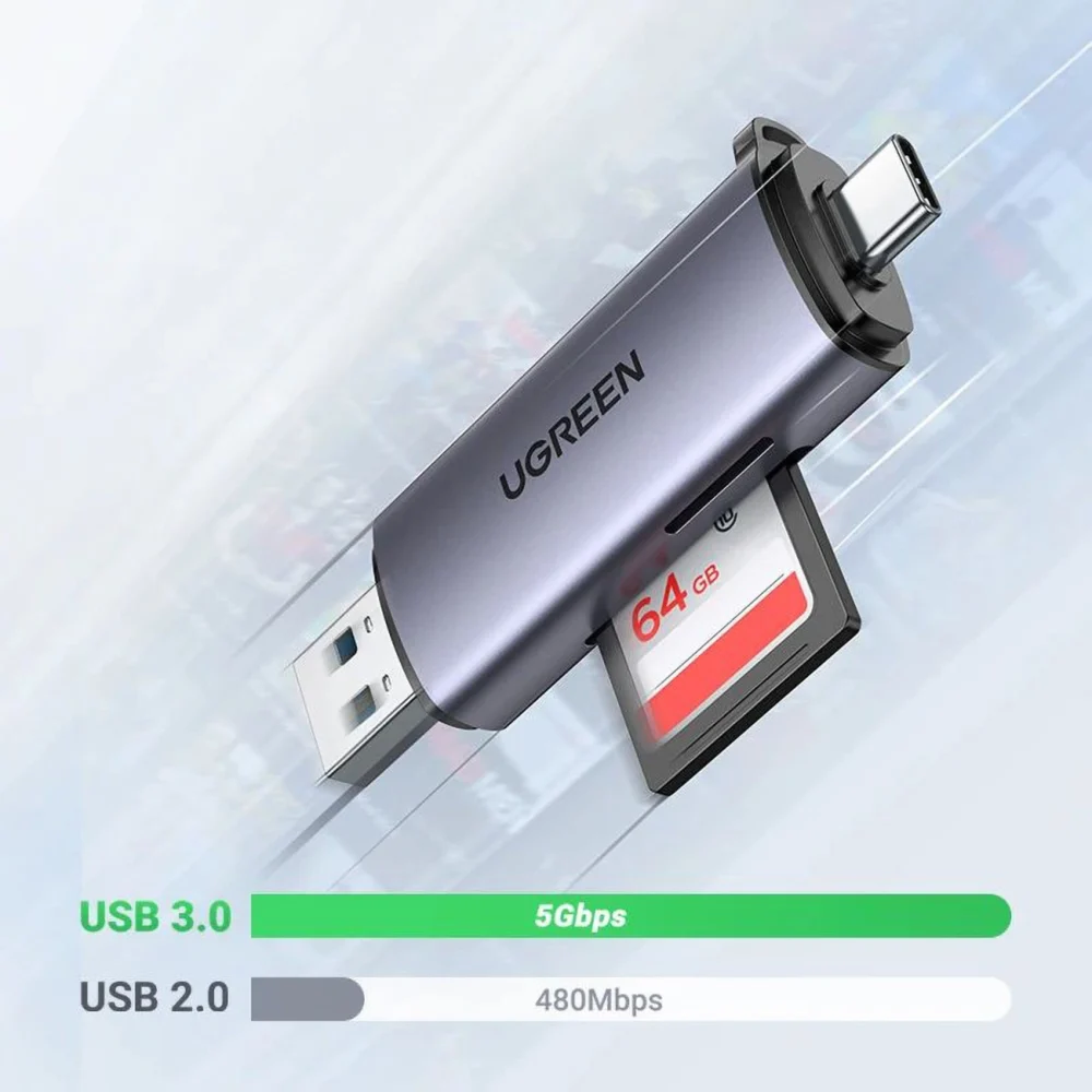 Ugreen CM185 50706 reader for SD / micro SD cards on USB-A 3.0 / USB-C 3.0 - grayeng