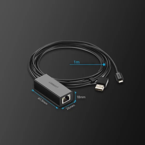 Ugreen 30985 external network card for Chromecast with micro USB / USB-A connectors 100Mb/s 1m - blackeng