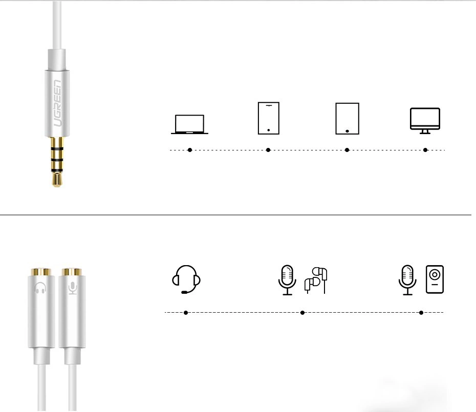 Ugreen cable cable headphone splitter 3.5 mm mini jack AUX microphone 20cm (microphone + stereo output) silver (30619)eng