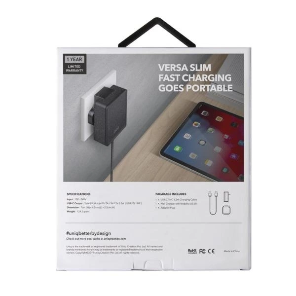Uniq Versa Slim LITHOS Collective USB-C PD 18W wall charger + USB-C / USB-C cable - blackeng