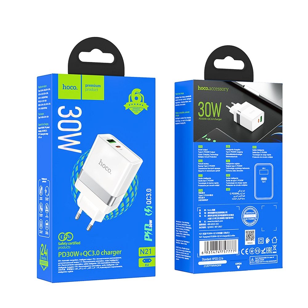 HOCO travel charger USB A + Typ C PD QC3.0 3A 30W N21 white