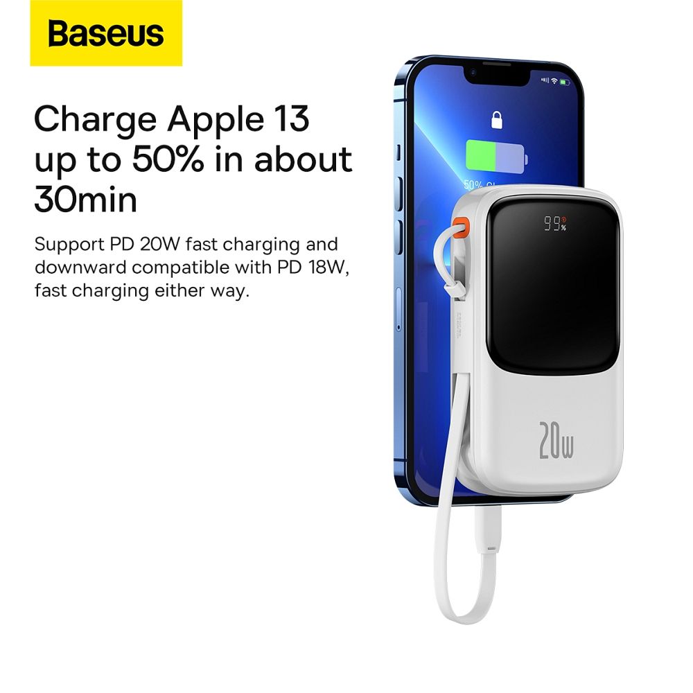 BASEUS powerbank 10 000 mAh with built-in cable Lightning + cable USB A to Type C PD QC3.0 3A 20W PPQD020002 white