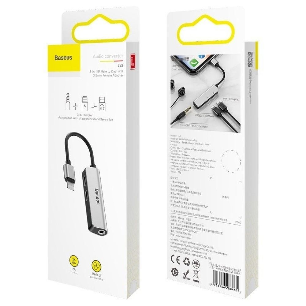 BASEUS adapter AUX 3in1 Lightning to Jack 3,5 mm (female) + 2 x Lightning L52 CALL52-S1 silver black