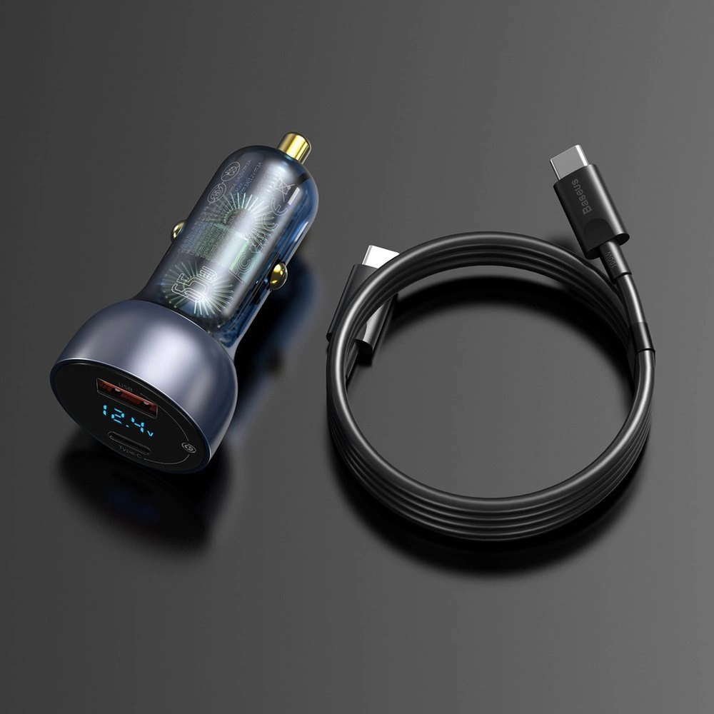 Baseus USB / USB Type C car charger 65 W 5 A SCP Quick Charge 4.0+ Power Delivery 3.0 LCD screen + USB Type C - USB Type C cable gray (TZCCKX-0G)eng