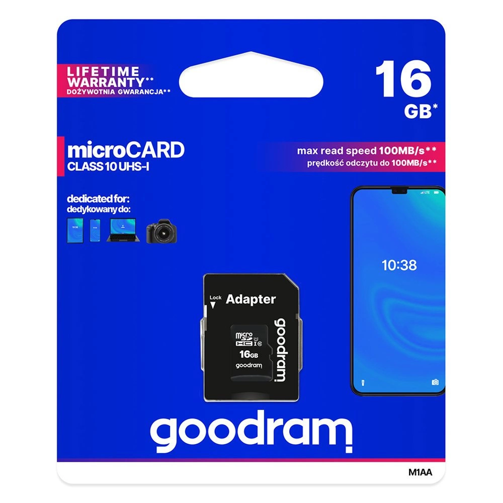 Goodram Microcard 16 GB micro SD HC UHS-I class 10 memory card, SD adapter (M1AA-0160R12)eng