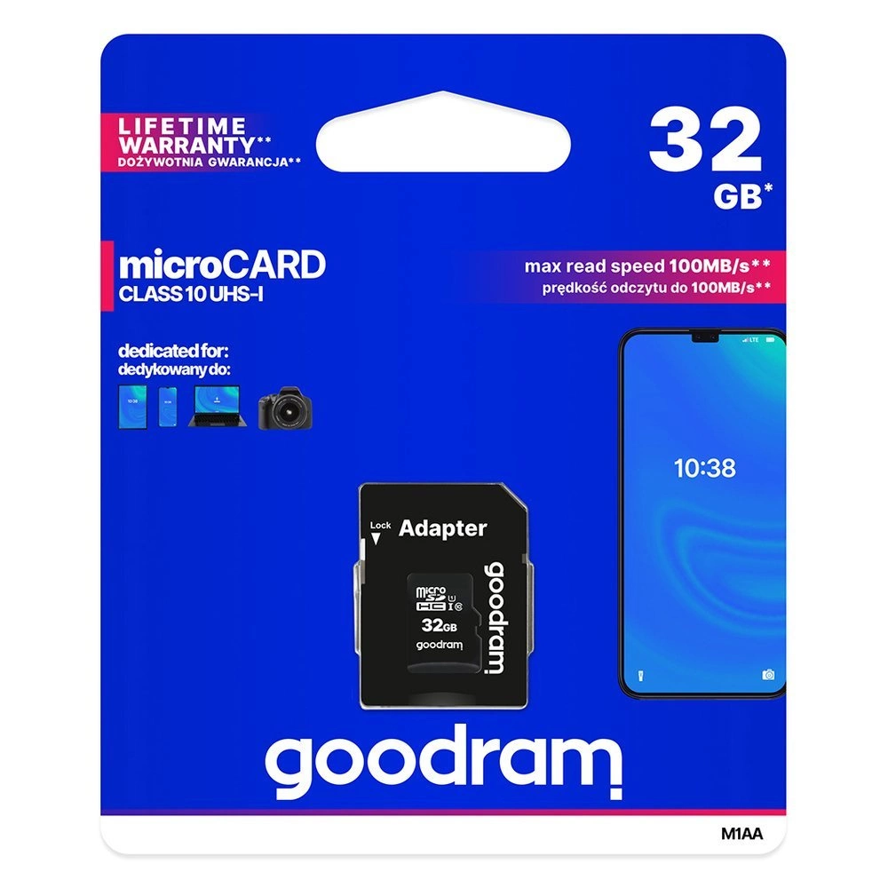 Goodram Microcard 32 GB micro SD HC UHS-I class 10 memory card, SD adapter (M1AA-0320R12)eng