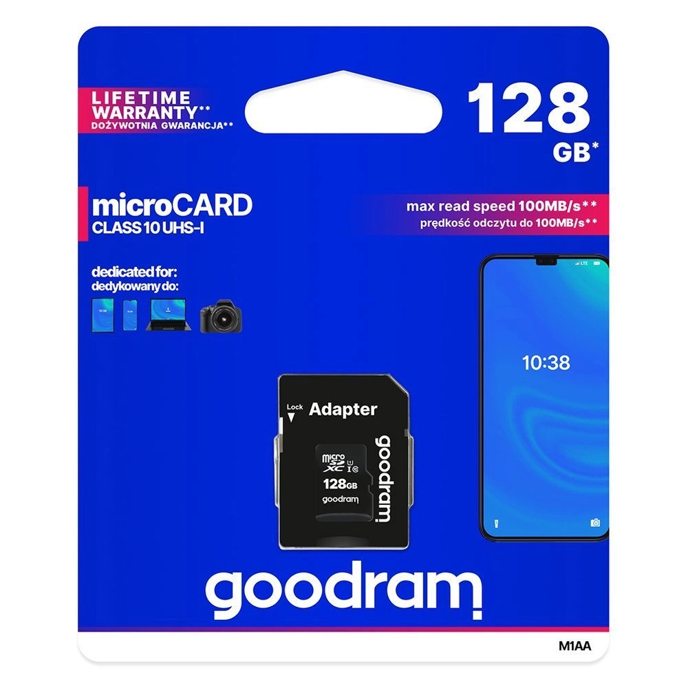 Goodram Microcard 128 GB micro SD XC UHS-I class 10 memory card, SD adapter (M1AA-01280R12)eng