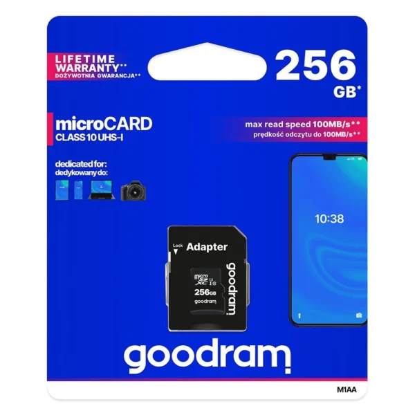 Goodram Microcard 256 GB micro SD XC UHS-I class 10 memory card, SD adapter (M1AA-2560R12)eng