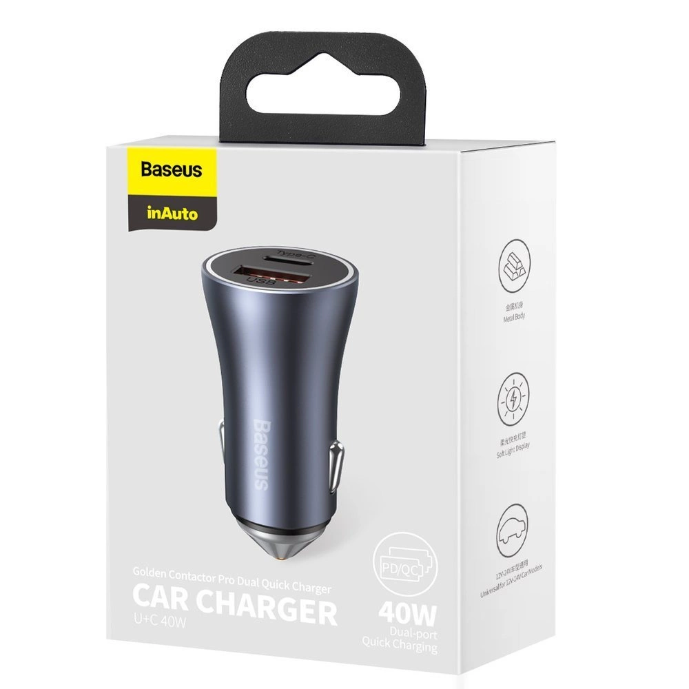 Baseus Golden Contactor Pro fast car charger USB Type C / USB 40 W Power Delivery 3.0 Quick Charge 4 + SCP FCP AFC gray (CCJD-0G)eng