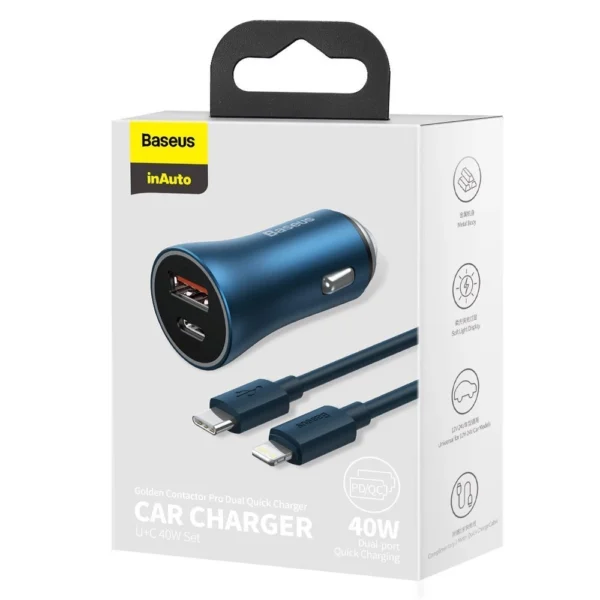Baseus Golden Contactor Pro fast car charger USB Type C / USB 40 W Power Delivery 3.0 Quick Charge 4+ SCP FCP AFC + USB Type C cable - Lightning blue (TZCCJD-03)eng