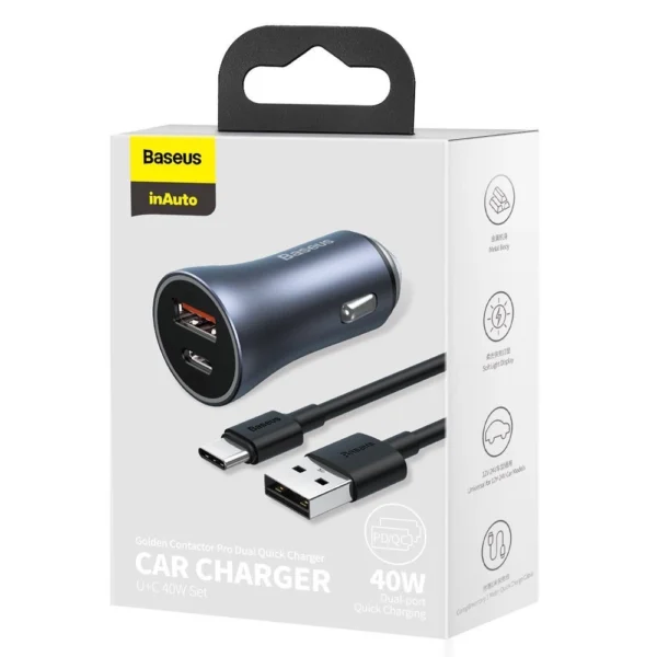Baseus Golden Contactor Pro car charger USB-C / USB-A 40W PD QC 4+ SCP FCP AFC + cable - grayeng