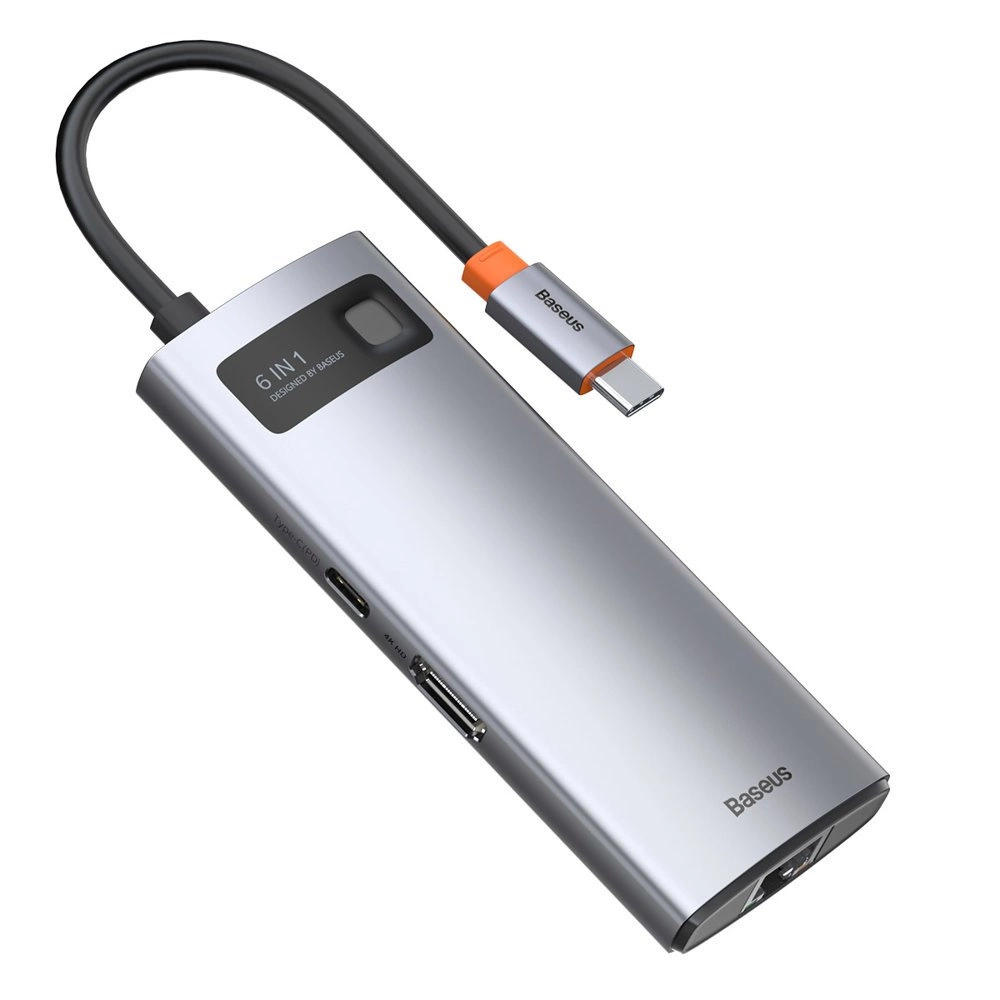 Baseus Metal Gleam 6-in-1 USB-C - USB-C PD 100W HUB 1x HDMI 4K 30Hz 3x USB-A 3.2 1x RJ45 - grayeng