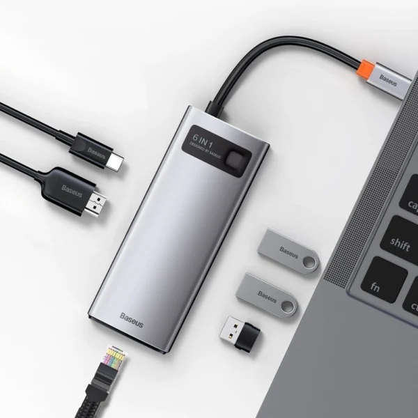 Baseus Metal Gleam 6-in-1 USB-C - USB-C PD 100W HUB 1x HDMI 4K 30Hz 3x USB-A 3.2 1x RJ45 - grayeng