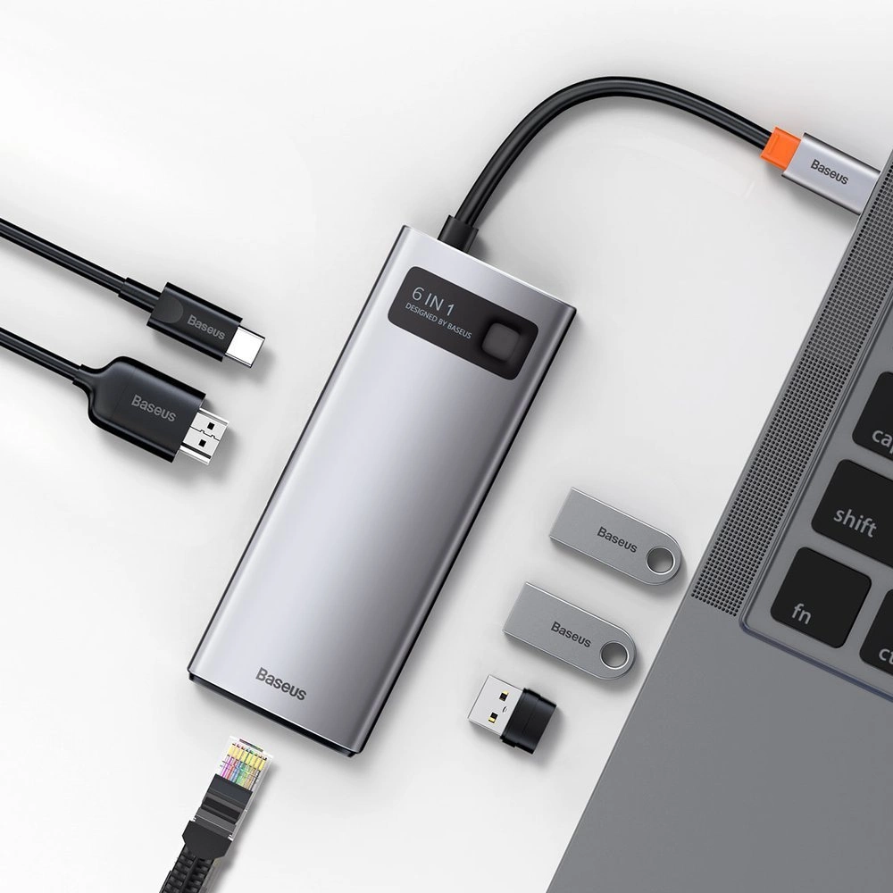 Baseus Metal Gleam 6-in-1 USB-C - USB-C PD 100W HUB 1x HDMI 4K 30Hz 3x USB-A 3.2 1x RJ45 - grayeng