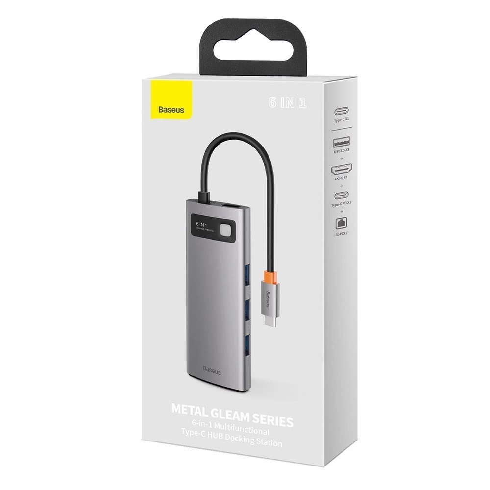 Baseus Metal Gleam 6-in-1 USB-C - USB-C PD 100W HUB 1x HDMI 4K 30Hz 3x USB-A 3.2 1x RJ45 - grayeng