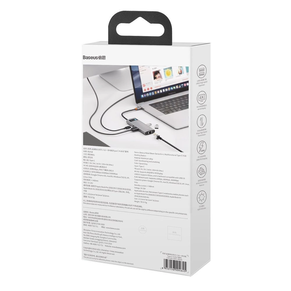 Baseus Metal Gleam 6-in-1 USB-C - USB-C PD 100W HUB 1x HDMI 4K 30Hz 3x USB-A 3.2 1x RJ45 - grayeng