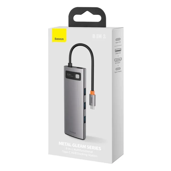 Baseus Metal Gleam 8in1 USB-C - USB-C PD 100W HUB 1x HDMI 4K 30Hz 1x SD and microSD card reader 3x USB-A 3.2 1xRJ45 - grayeng