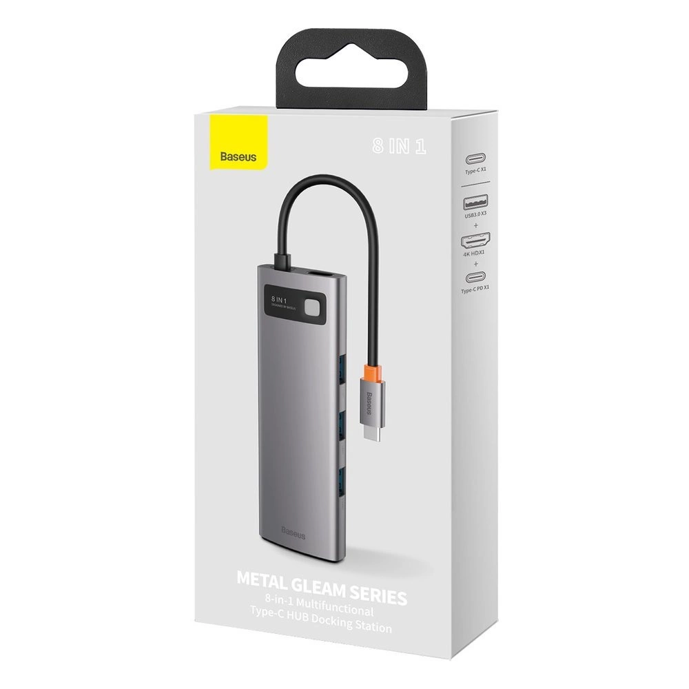 Baseus Metal Gleam 8in1 USB-C - USB-C PD 100W HUB 1x HDMI 4K 30Hz 1x SD and microSD card reader 3x USB-A 3.2 1xRJ45 - grayeng