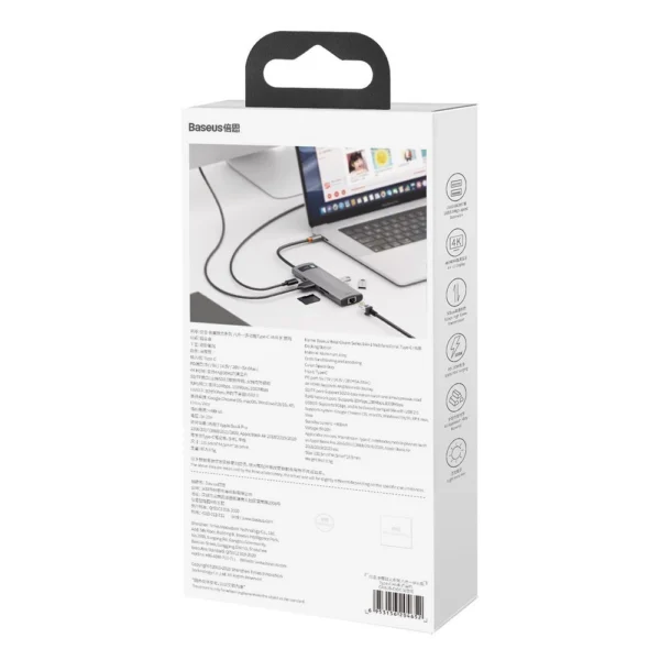 Baseus Metal Gleam 8in1 USB-C - USB-C PD 100W HUB 1x HDMI 4K 30Hz 1x SD and microSD card reader 3x USB-A 3.2 1xRJ45 - grayeng