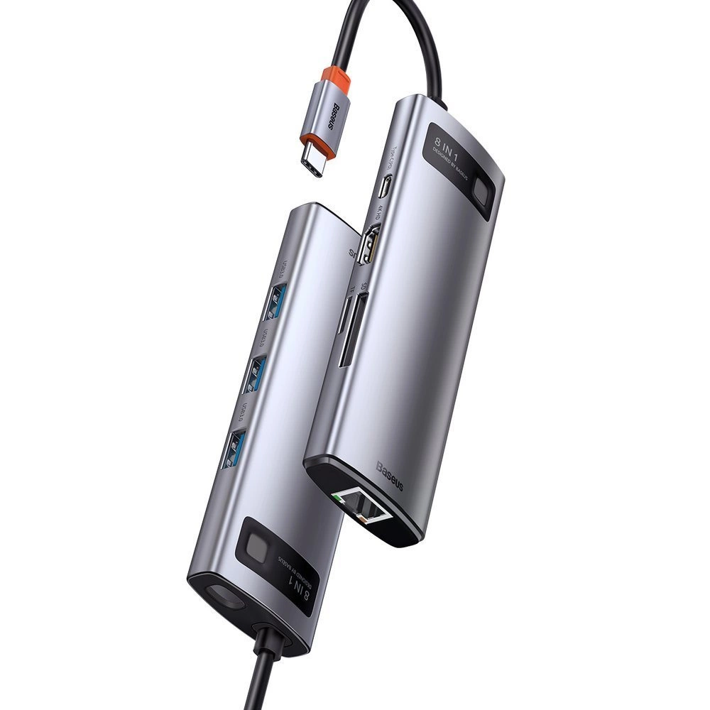 Baseus Metal Gleam 8in1 USB-C - USB-C PD 100W HUB 1x HDMI 4K 30Hz 1x SD and microSD card reader 3x USB-A 3.2 1xRJ45 - grayeng