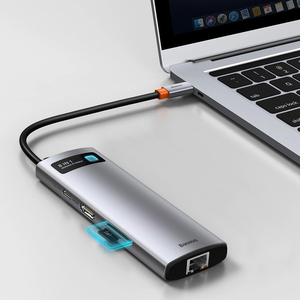 Baseus Metal Gleam 8in1 USB-C - USB-C PD 100W HUB 1x HDMI 4K 30Hz 1x SD and microSD card reader 3x USB-A 3.2 1xRJ45 - grayeng