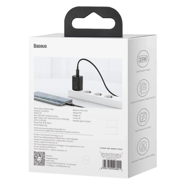 Baseus Super Si fast charger Quick Charge 3.0 Power Delivery 25W 3A + Cable USB Type C - USB Type C 3A 1m black (TZCCSUP-L01)eng