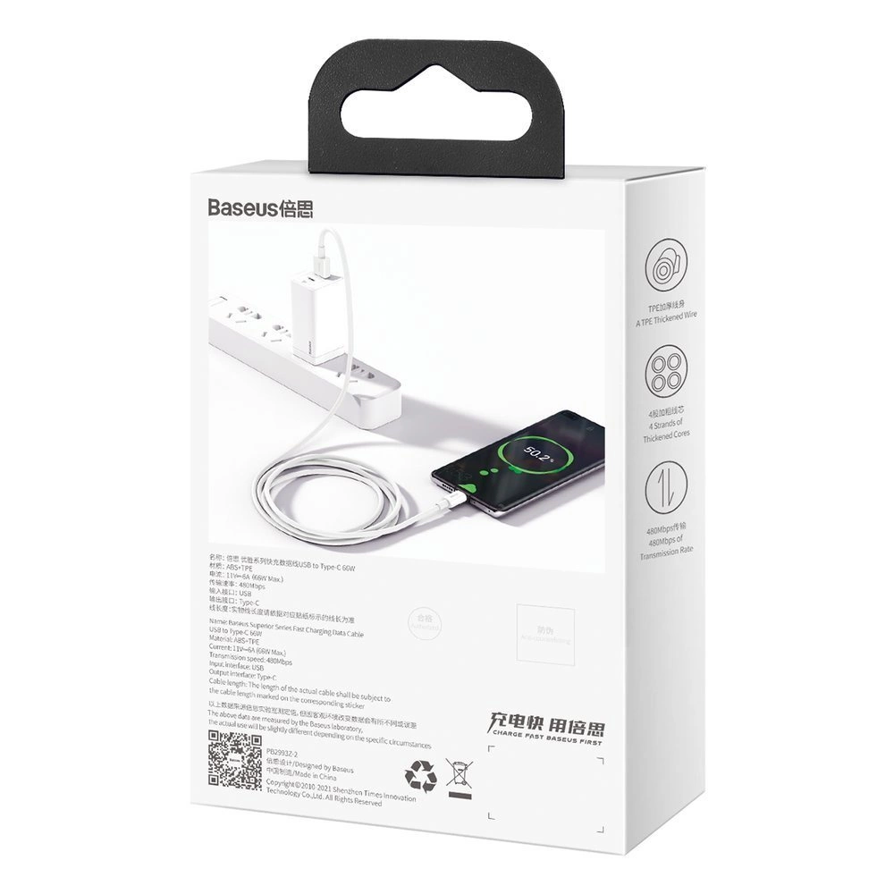 Baseus Superior USB Cable - USB Type C 66 W 6A 1 m White (CATYS-02)eng